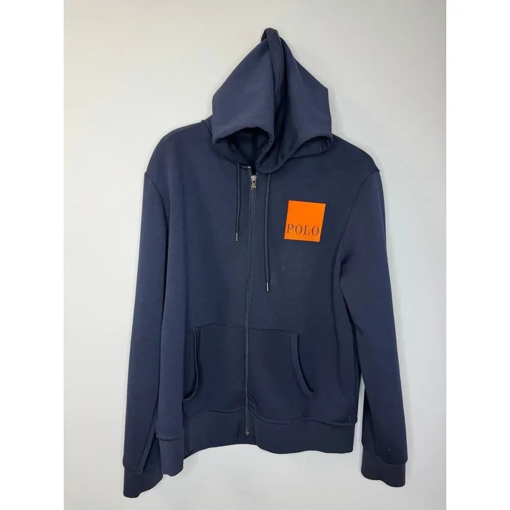 POLO RALPH LAUREN Men's Blue Double-Knit Full Zip Hoodie Box Logo Orange Blue L